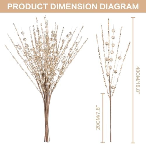 10 Pack Christmas Tree Decorations, Artificial Champagne Glitter Berry Stems Picks Sprays Twigs Branches, for Winter Xmas Tree Vase Filler Home Holiday Decor.