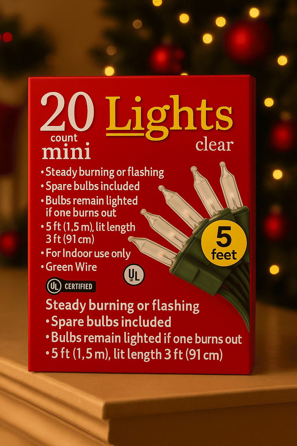 Greenbrier International 20-Count Mini Christmas Lights, Clear Indoor String Light Set, 5 ft (1.5 m)