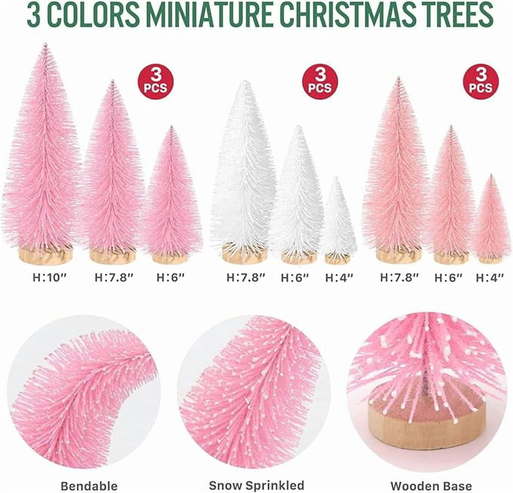 Ayieyill 9Pcs Mini Christmas Trees Christmas Decor Artificial Christmas Decorations with 4 Sizes, Christmas Tree Bottle Brush Trees Christmas Table Decorations (Pink+White)