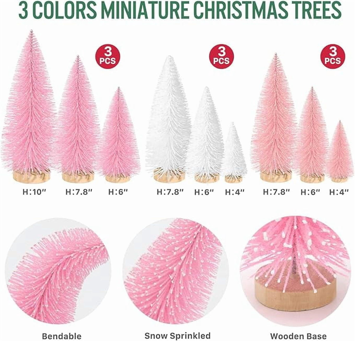 Ayieyill 9Pcs Mini Christmas Trees Christmas Decor Artificial Christmas Decorations with 4 Sizes, Christmas Tree Bottle Brush Trees Christmas Table Decorations (Pink+White)