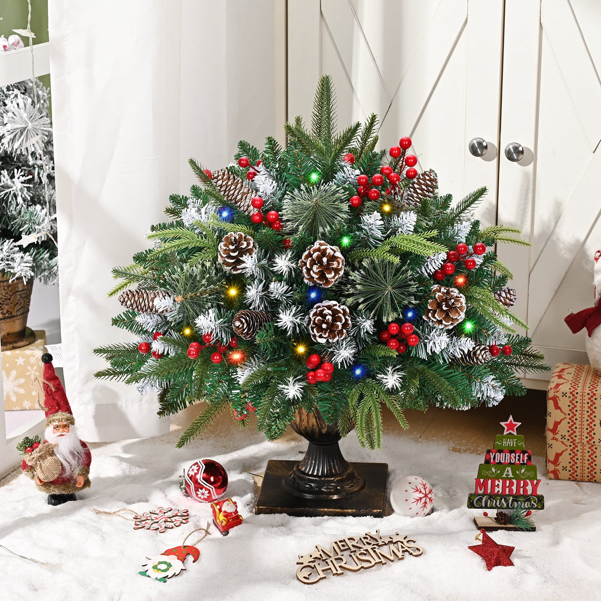 Ikfashoni 2 Pack Christmas Urn Filler, Pre-lit Outdoor Christmas Tree with Remote, Artificial Christmas Porch Pathway Decoration