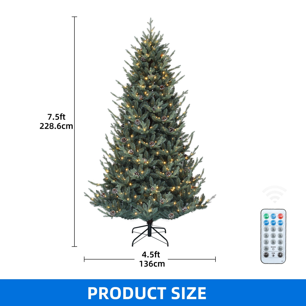 Dextrus 7.5 ft Prelit Spruce Christmas Tree with 51 Pine Cones, Hinged Artificial Christmas Tree with 1938 PE&PVC Tips & 500 Lights,11 Light Modes, Remote Control