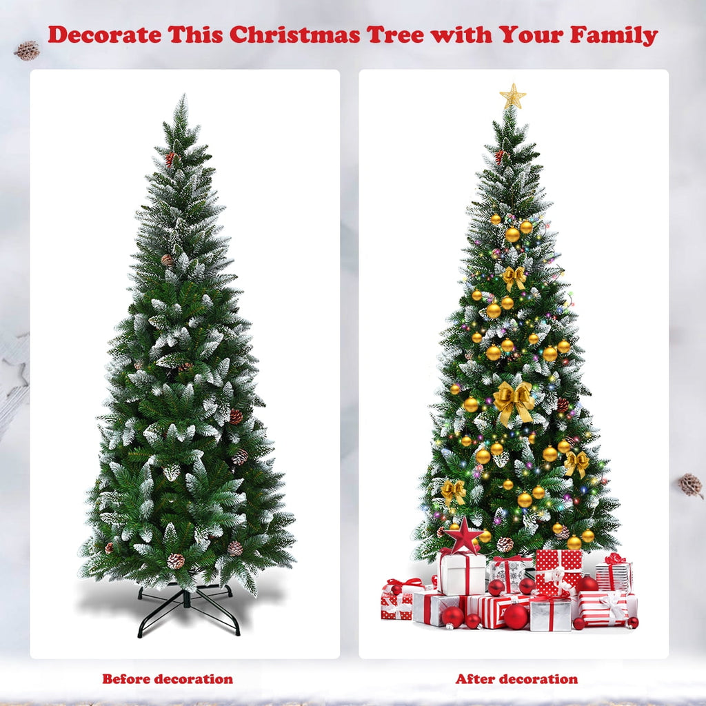 Topbuy 7.5'Artificial Pencil Christmas Tree Snow Flocked Tree w/ Pine Cones and Metal stand