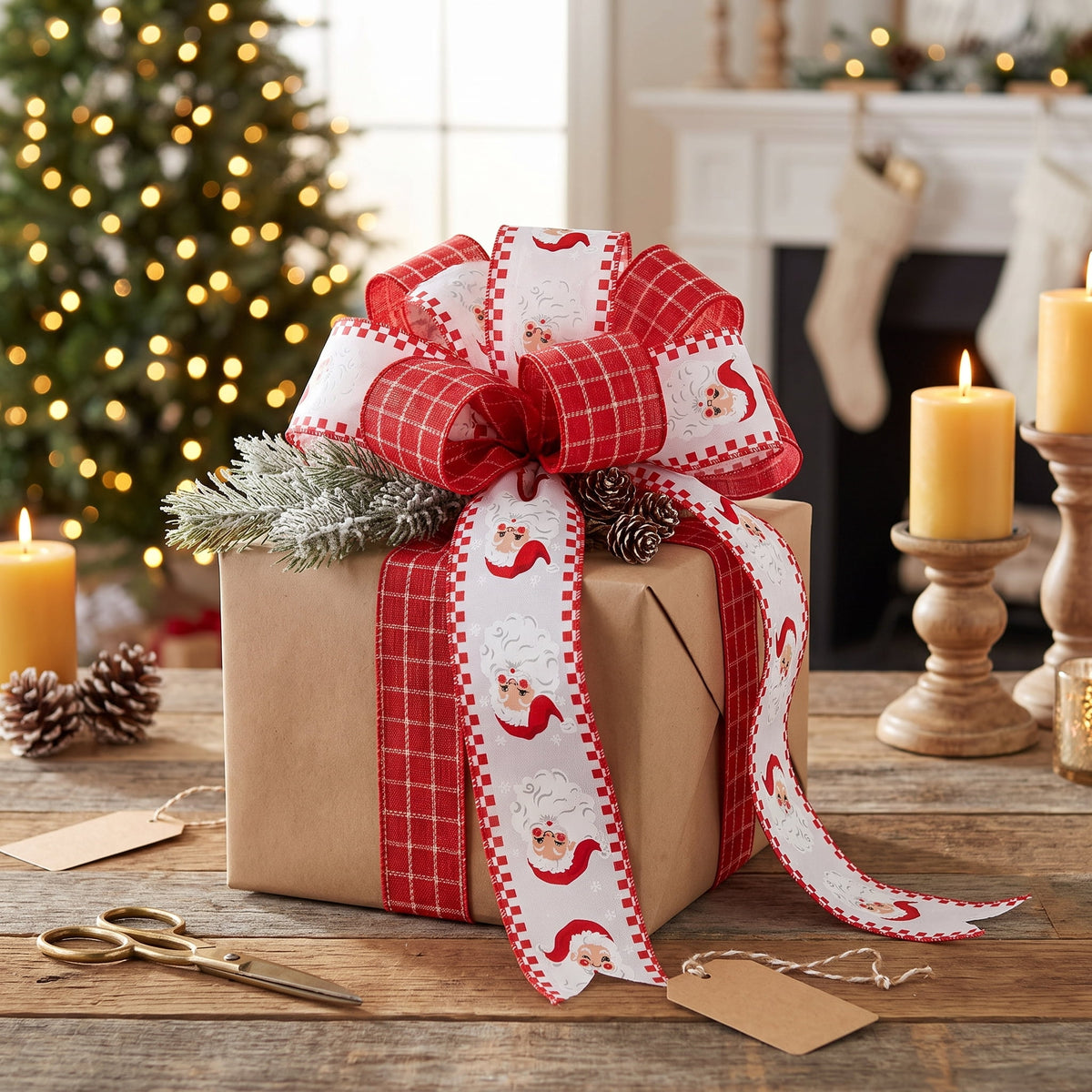 Red and White Santa and Plaid Christmas Ribbon, 21', 2 Pack, by Holiday Time