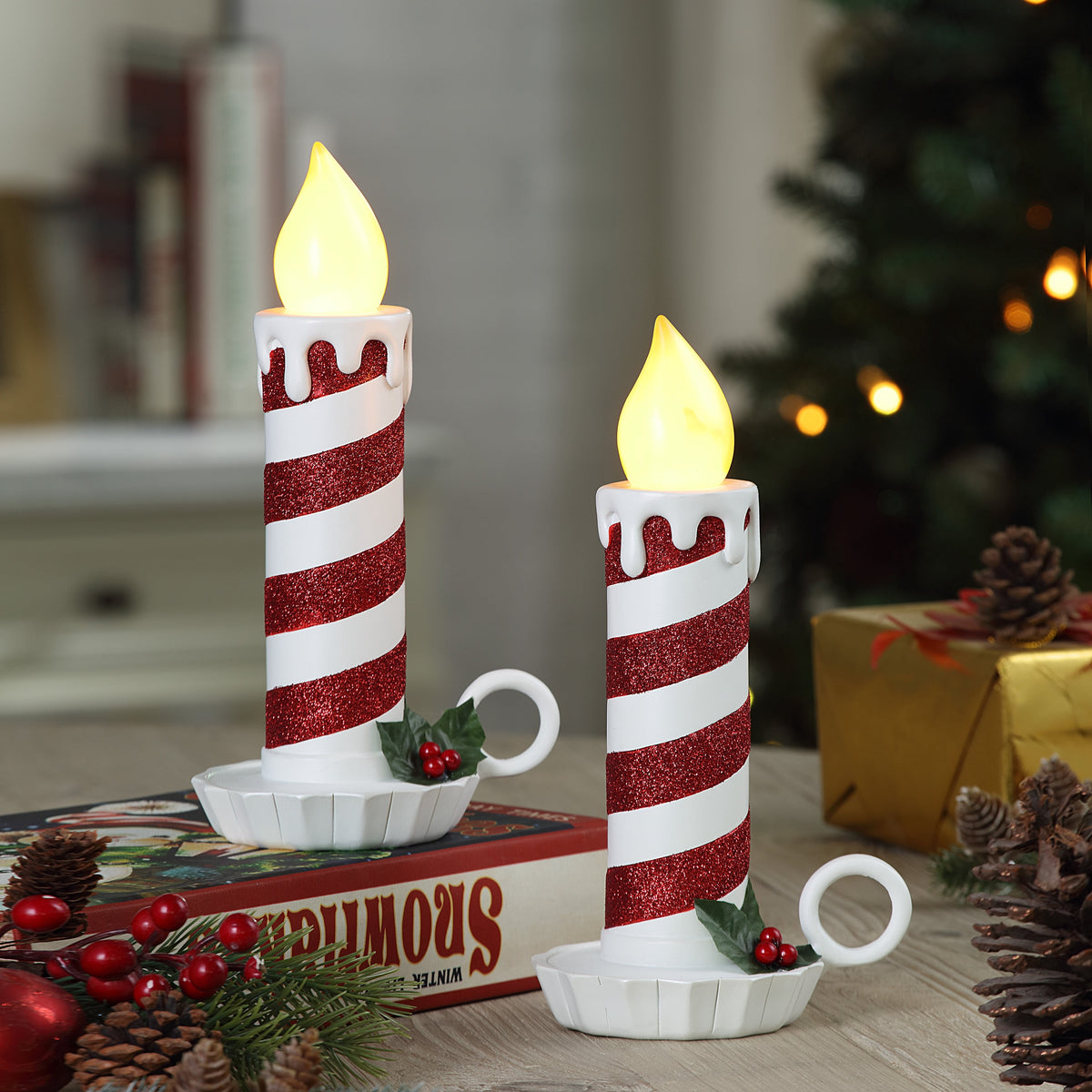 Mr. Christmas 10" Set of 2 Flickering LED Resin Glittery Striped Candles - Red & White