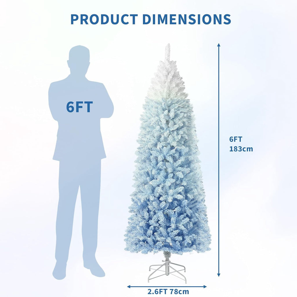 4.5/6/7.5/9 ft Flocked Pencil Christmas Tree with 100 Lights, Pre Lit Tall Skinny Christmas Tree with PVC Branch Tips, Premium Hinged Xmas Tree with Metal Base, Slim Artificial Christmas Tree