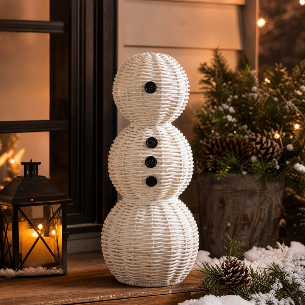 FeiBiQiuBi 14.9" Resin Rattan Style Snowman, Rustic Snowman Decorations with Bow, Woven Natural Style Freestanding Design Winter Farmhouse Decor for Home Kitchen Garden, Holiday Table Mantel Decor