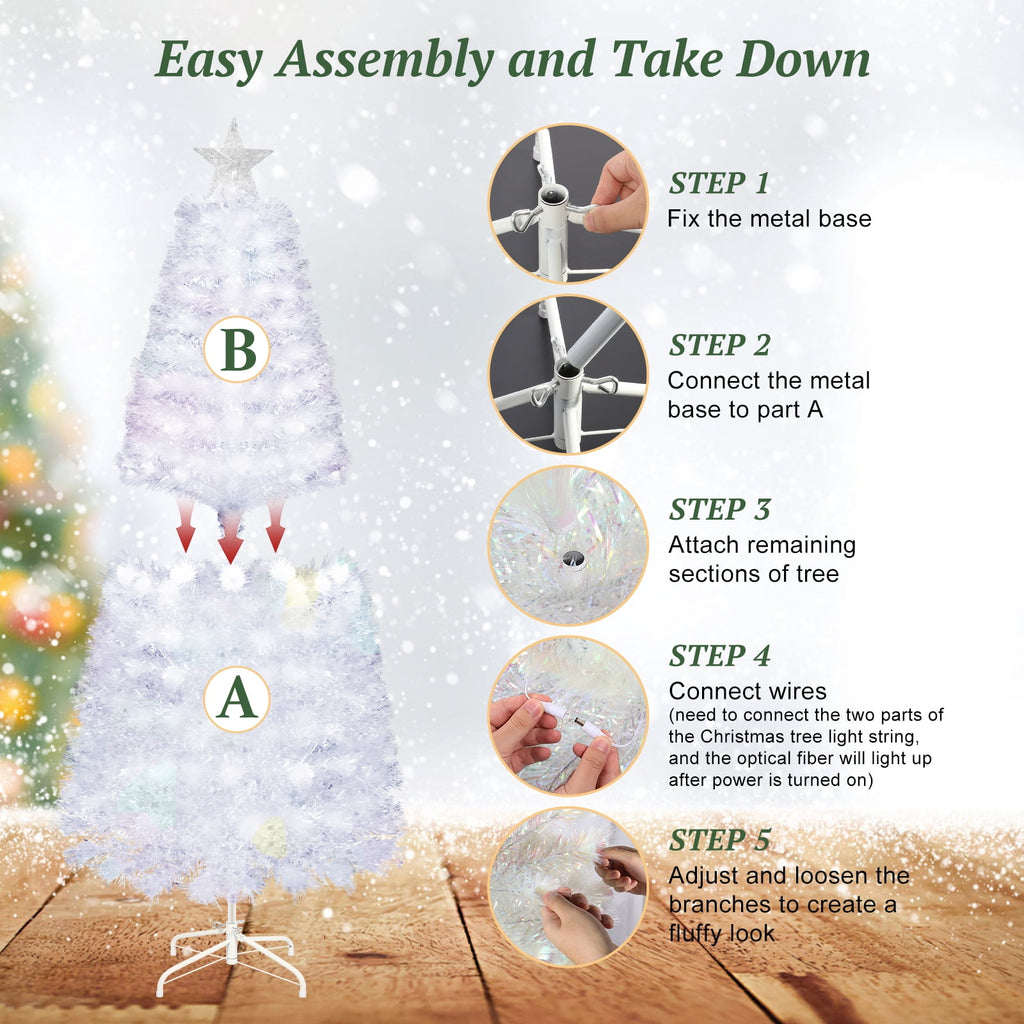 Vowella 6ft Fiber Optic Christmas Tree, Pre-Lit White Tree with Color Changing Lights & Star Topper & Sturdy Base for Home & Party
