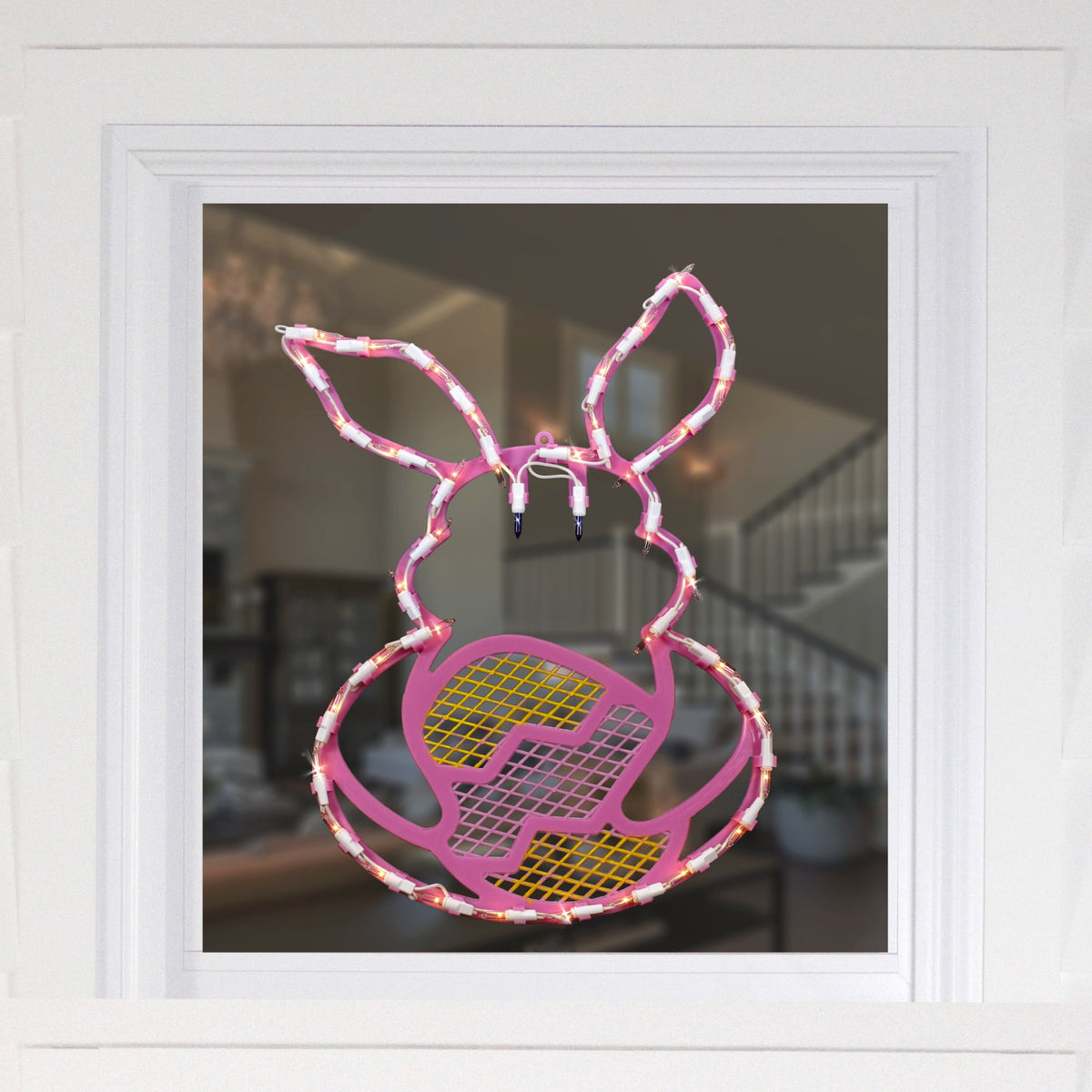 Northlight Lighted Pink Bunny with Easter Egg Window Decoration - 17"