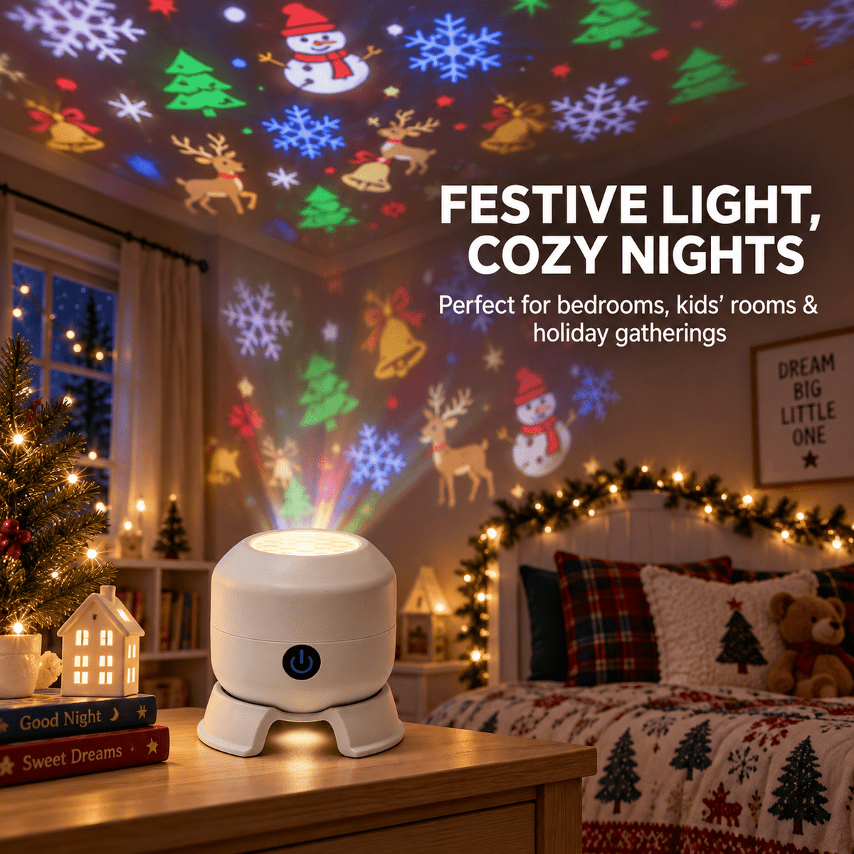 Christmas Projector Indoor, 360° Rotating Snowman Reindeer Snowflake Light with Adjustable Brightness, 5D Holographic Lamp for Holiday Decor, Bedroom, Kids Room