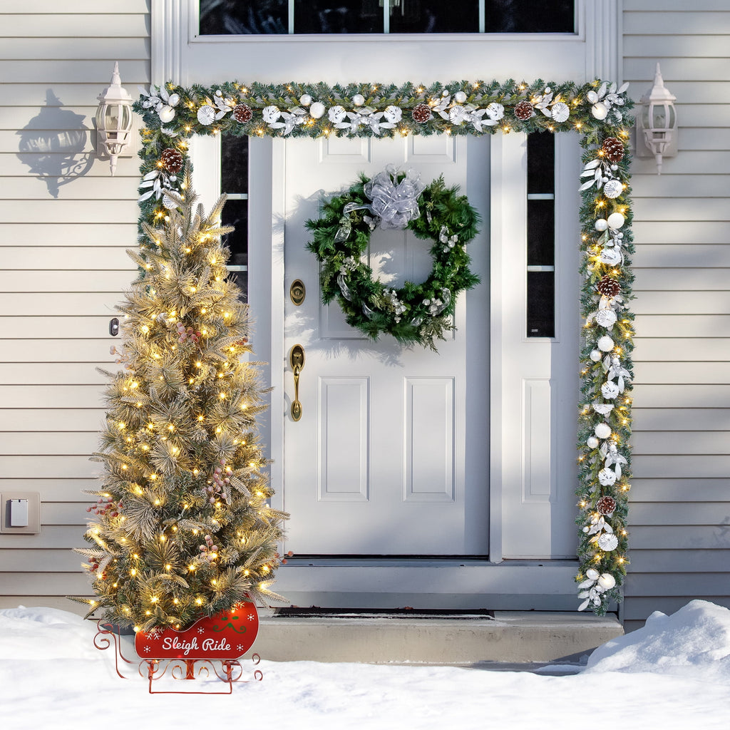 Somikis 3ft Pre-Lit Artificial Mini Christmas Tree with 78LED Lights, 8 Mode Includes Red Berries & Sleigh Base, 2 Pcs