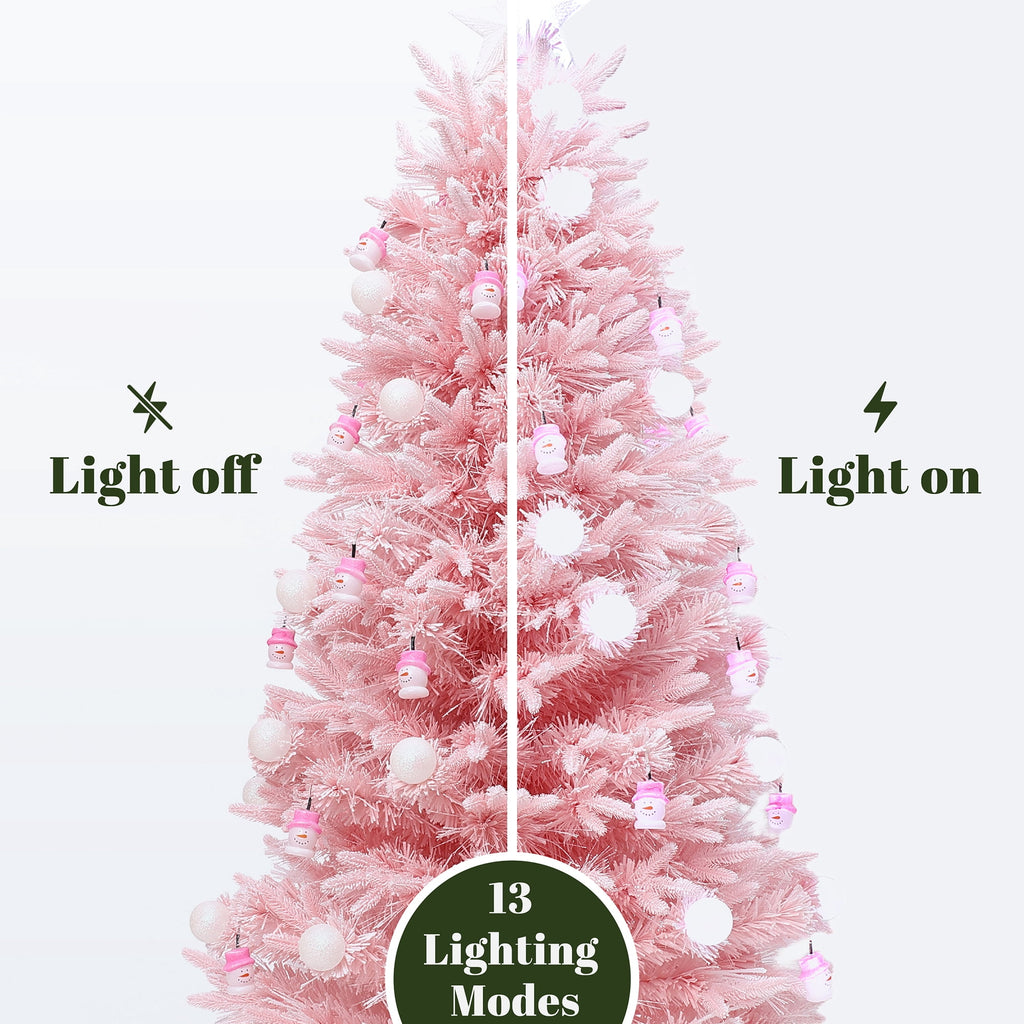LuxenHome 5Ft Pink Cherry Blossom Christmas Tree with Fiber Optic Lights & Snowman Star Topper