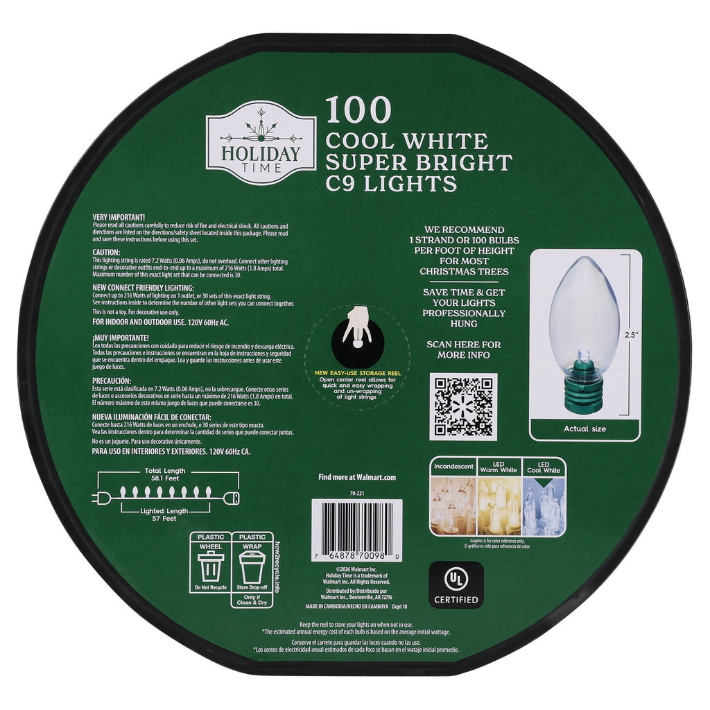 Indoor/Outdoor 100-Count LED Smooth C9 Christmas String Lights, Multicolor, Green Wire, 57', by Holiday Time