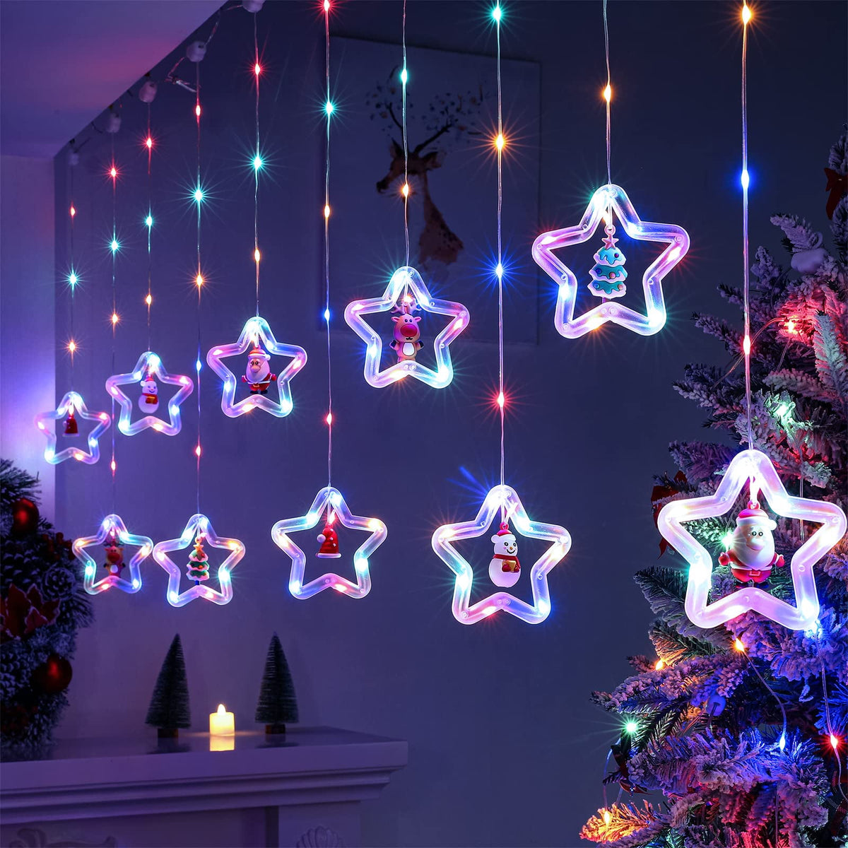 WILLED Christmas String Lights, 120 LED Window Curtain Lights with Christmas Ornaments, 9.8ft USB Powered Warm White Waterproof Fairy Lights Indoor Outdoor for Xmas Tree Patio Garden Party Home Decor