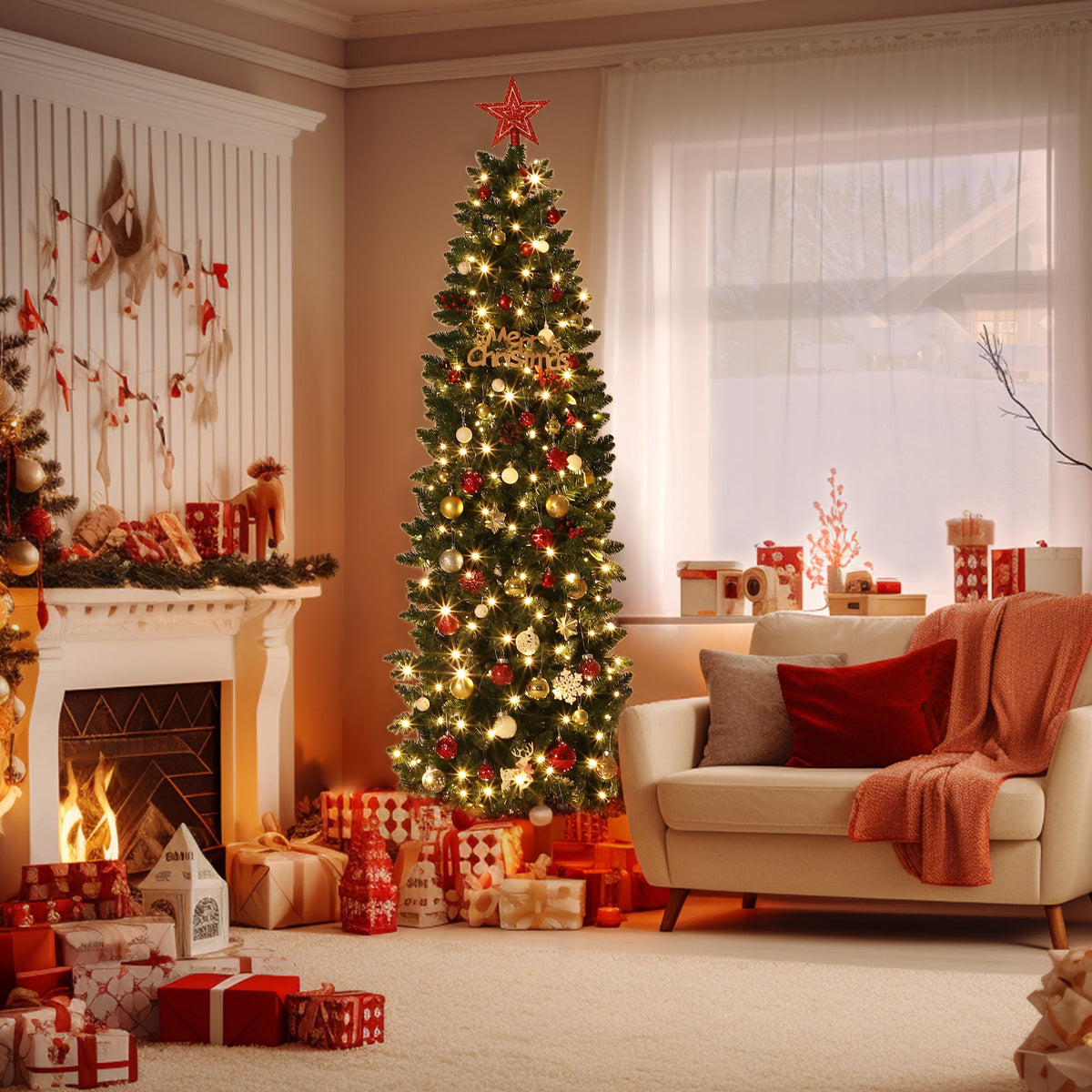 Towallmark 9FT Pre-Lit Artificial Pencil Christmas Tree with 380 Color Changing LED Lights,1153 Branch Tips
