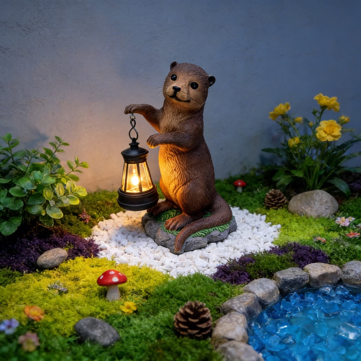 Solar Powered Resin Otters Lantern IP44 Waterproof Outdoor Decorative Light Warm Ambient Lighting Auto On/Off Handcrafted Statue for Garden Patio Yard Lawn Pathway Holiday Gift for Plant Lovers