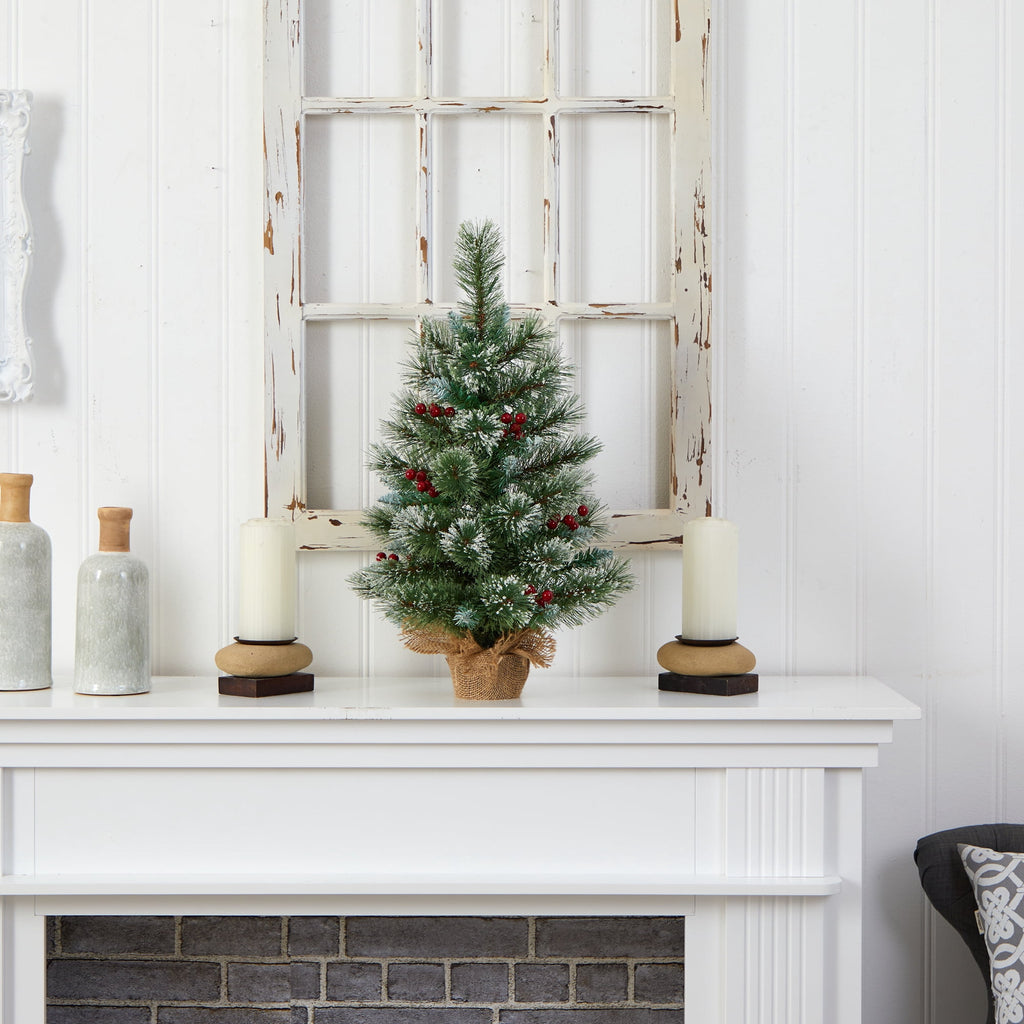 Nearly Natural 2ft. Snow Tipped Pine and Berry Artificial Christmas Tree with 35 Warm White LED Lights in Burlap Base