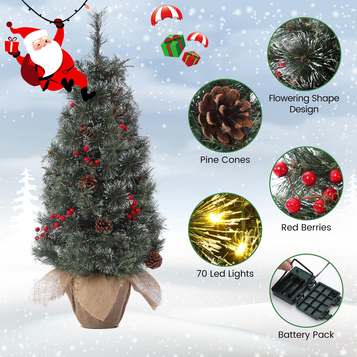 Huisuilinss Artificial Mini Christmas Tree,3FT Pre-Lit Christmas Tree,Tabletop Christmas Tree With Led Lights,Battery Powered Xmas Decoration For Fireplace Office Home Decor Indoor