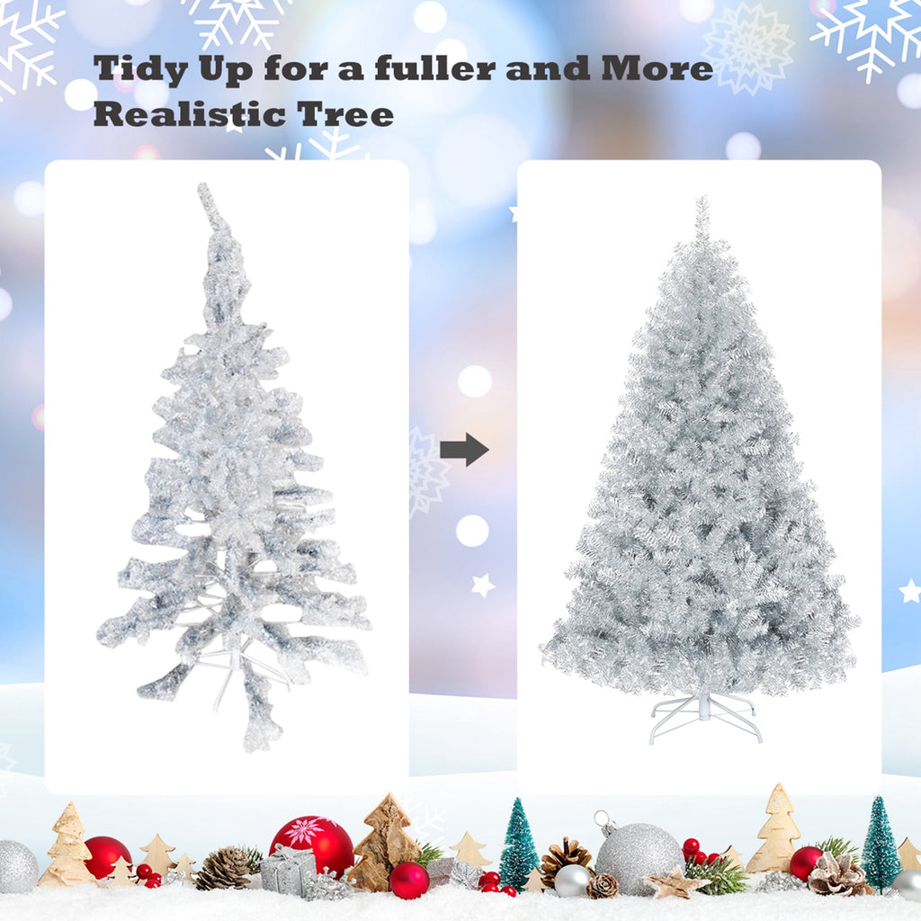Gymax 6 FT Silver Tinsel Christmas Tree Artificial Hinged Tree Holiday Decoration