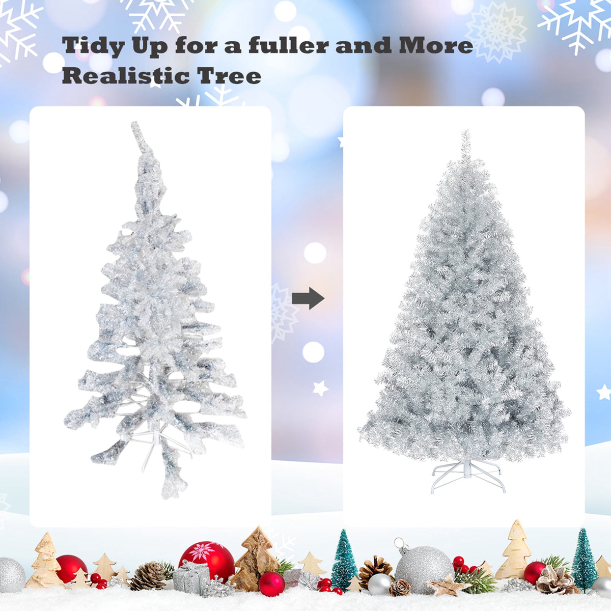 Gymax 6 FT Silver Tinsel Christmas Tree Artificial Hinged Tree Holiday Decoration