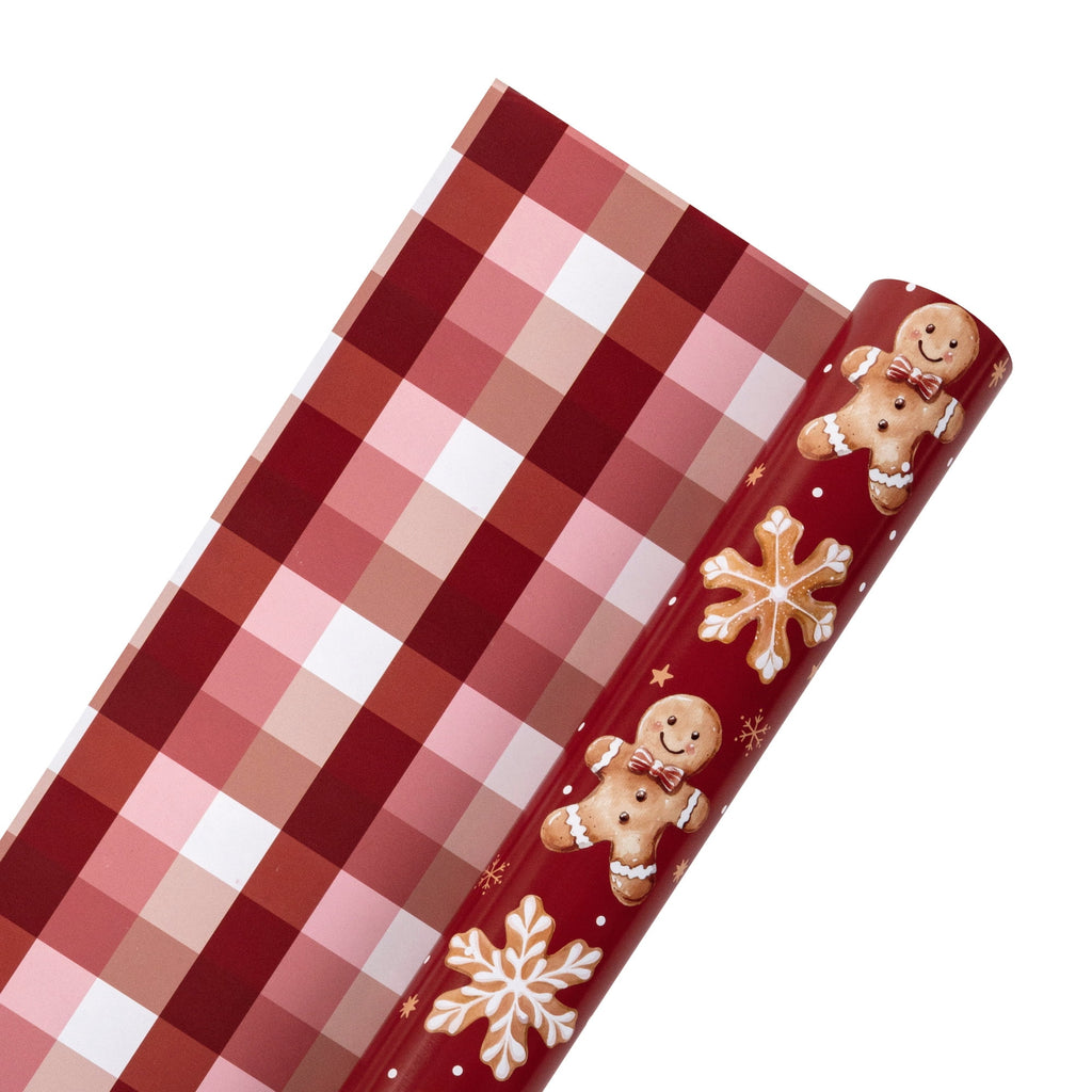 LaRibbons Christmas Wrapping Paper, 30" x 10' Holiday Reversible Gift Wrap Kit, Gingerbread Season