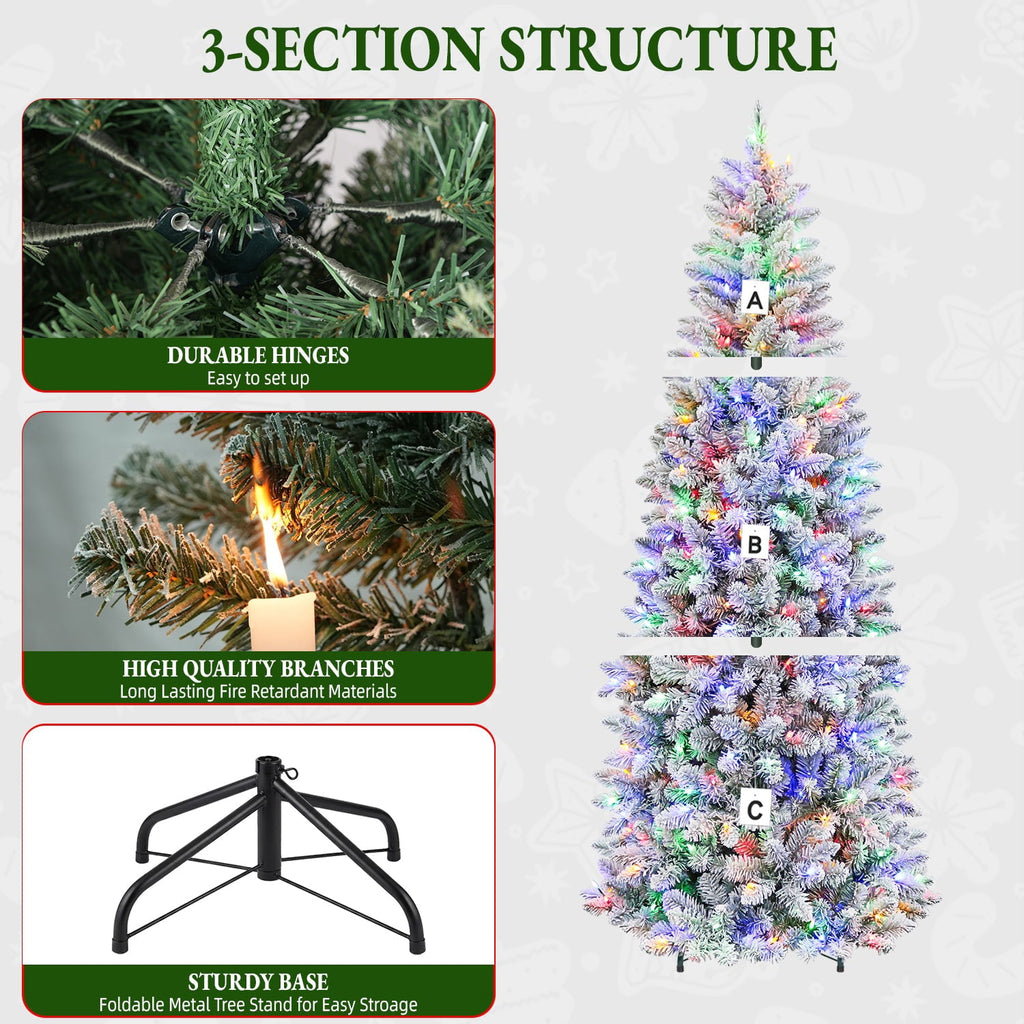 VIVATREES 7.5FT Premium Flocked Christmas Tree 550 Multi-Color LED Lights 5490 PVC PE Hinged Branch Tips Pre-Lit Artificial Xmas Pine Needles Metal Base for Home Office Holiday Decor