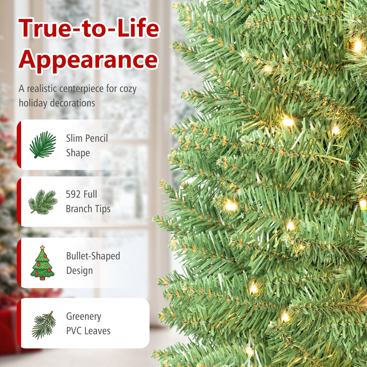 Costway 5 FT Pre-Lit Pencil Christmas Tree with 150 LED Lights & 296 Branch Tips Party