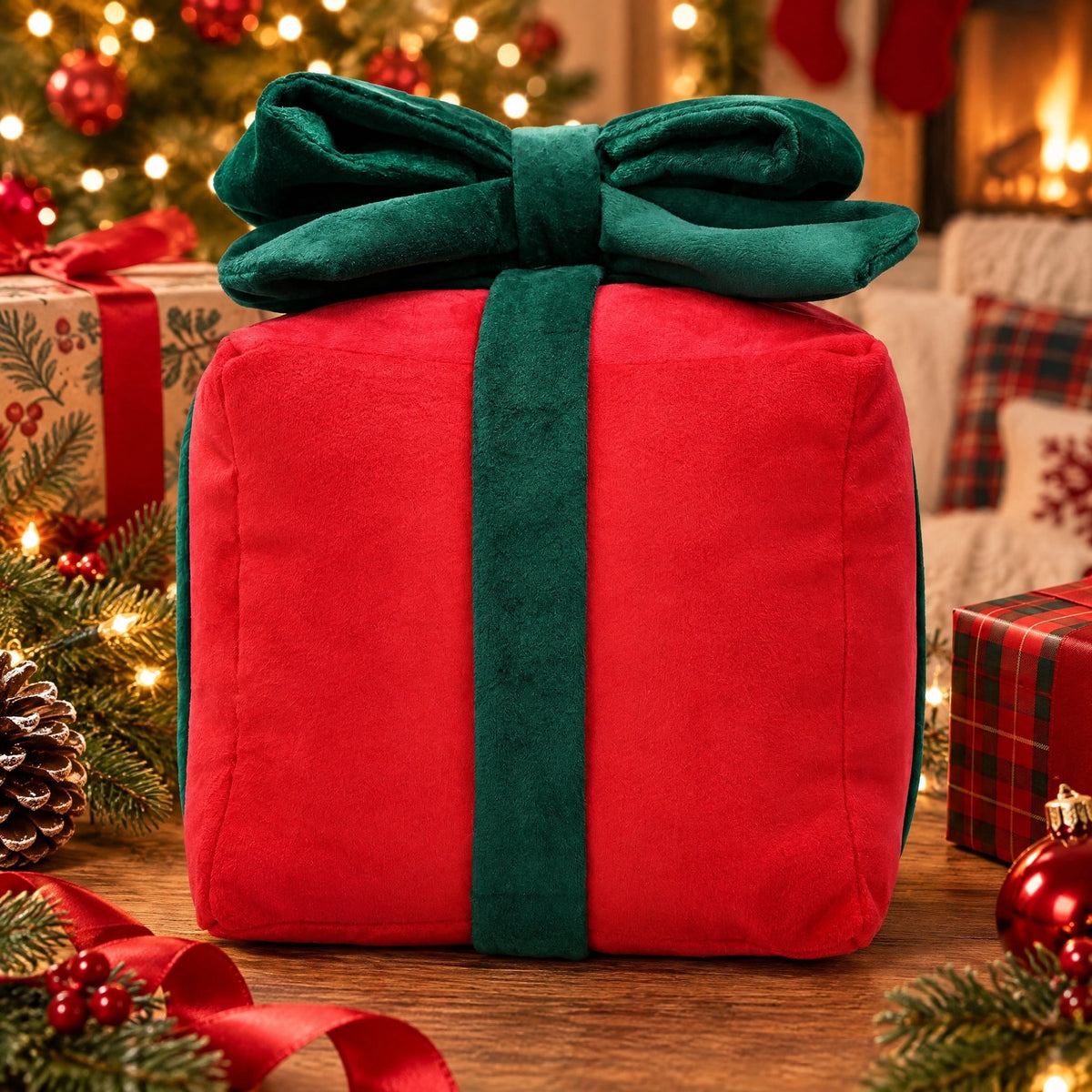 Fabric Gift Box Christmas Decoration, Red and Green, 8", by Holiday Time