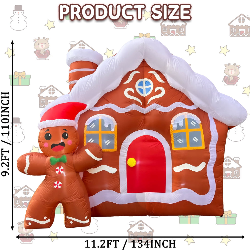 11.2 FT Giant Christmas Inflatable Gingerbread House, Blow Up Xmas Gingerbread Home with Cute Waving Gingerbread Man, Holiday Inflatable Ornament for Outdoor Yard Lawn Garden Christmas Decor