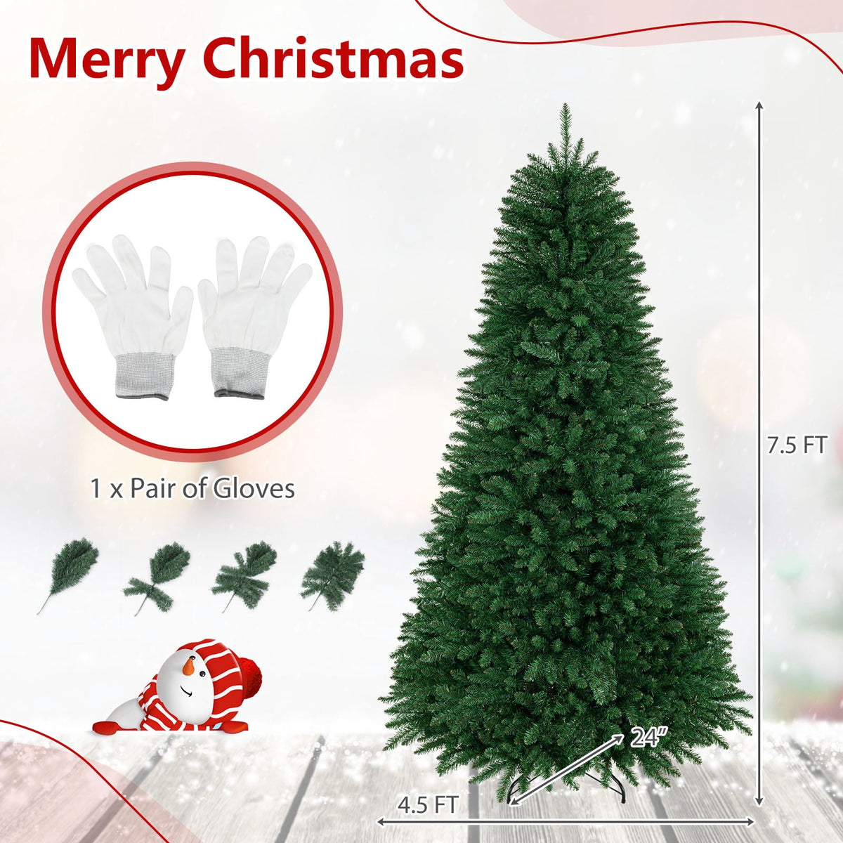 Costway 7.5 ft Unlit Artificial Fir Christmas Tree Hinged with 1968 Branch Tips Green