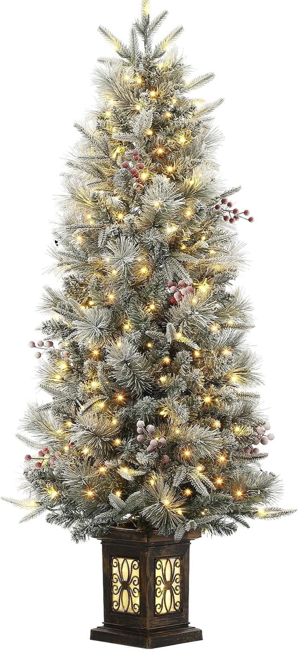 4ft Pre-Lit Artificial Christmas Tree with Large Box Base, 200 LED Lights, 4 Red Berries, Full Snow Branch Tips, Small Snowy Christmas Tree for Home, Office