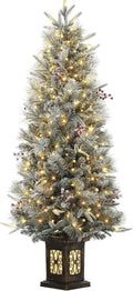 4ft Pre-Lit Artificial Christmas Tree with Large Box Base, 200 LED Lights, 4 Red Berries, Full Snow Branch Tips, Small Snowy Christmas Tree for Home, Office
