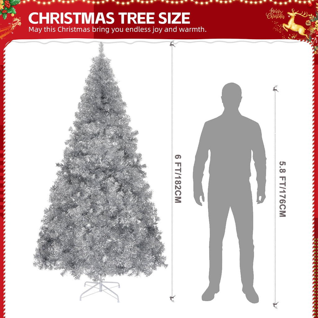 UBesGoo 6ft Pre-Lit White Christmas Tree, Hinged Artificial Pine, Silver