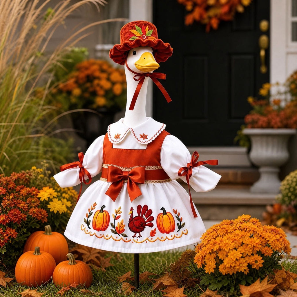 AZXY Thanksgiving Porch Goose Outfit, 23 Inch Lawn Goose Costume with Pilgrim Hat & Pumpkin Turkey Print Dress, Goose Clothes for Cement Plastic Goose Statue, Outdoor Yard Patio Fall Garden Decor