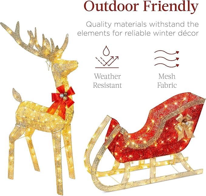 CONCETTA 4ft Lighted Christmas Reindeer & Sleigh Yard Decoration, Outdoor Holiday Lighted Display w/ 180 LED Lights, White Red