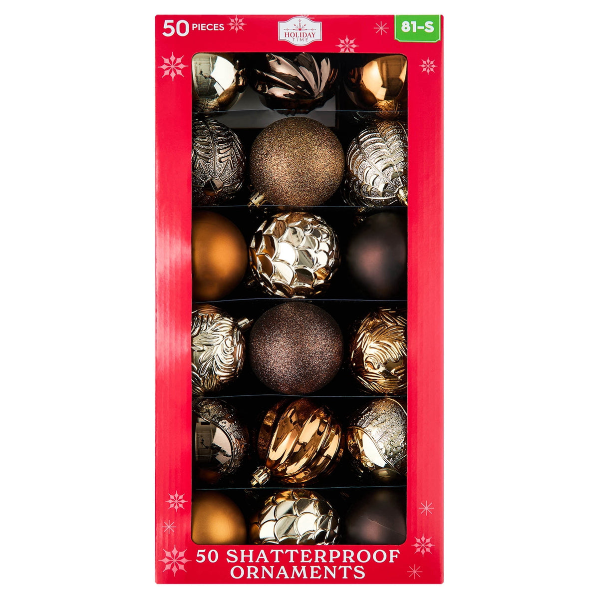50-Count Brown/Bronze/Champagne Ball Shatterproof Christmas Ornaments, 3", by Holiday Time