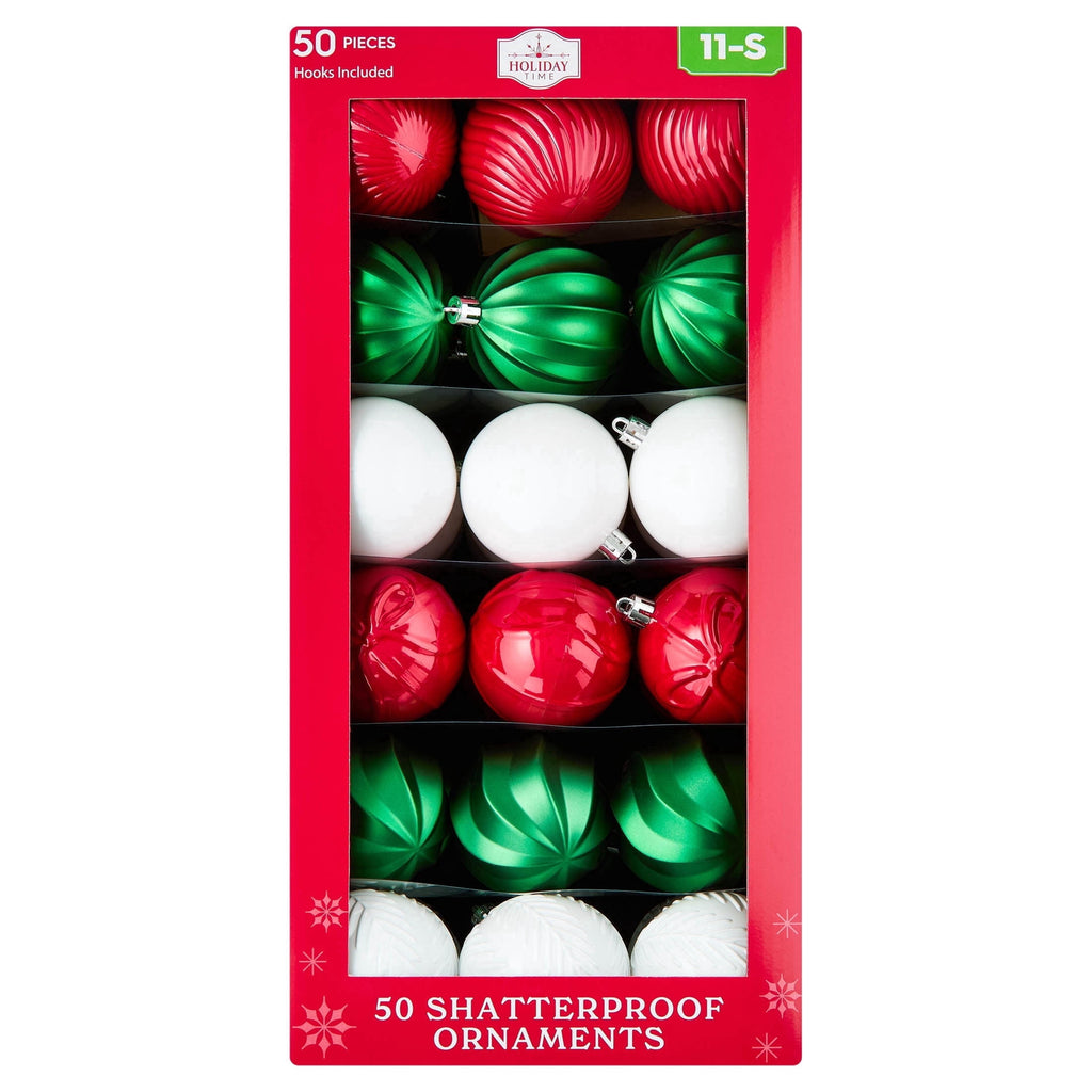 50-Count Red/Green/White Ball Shatterproof Christmas Ornaments, 3", by Holiday Time
