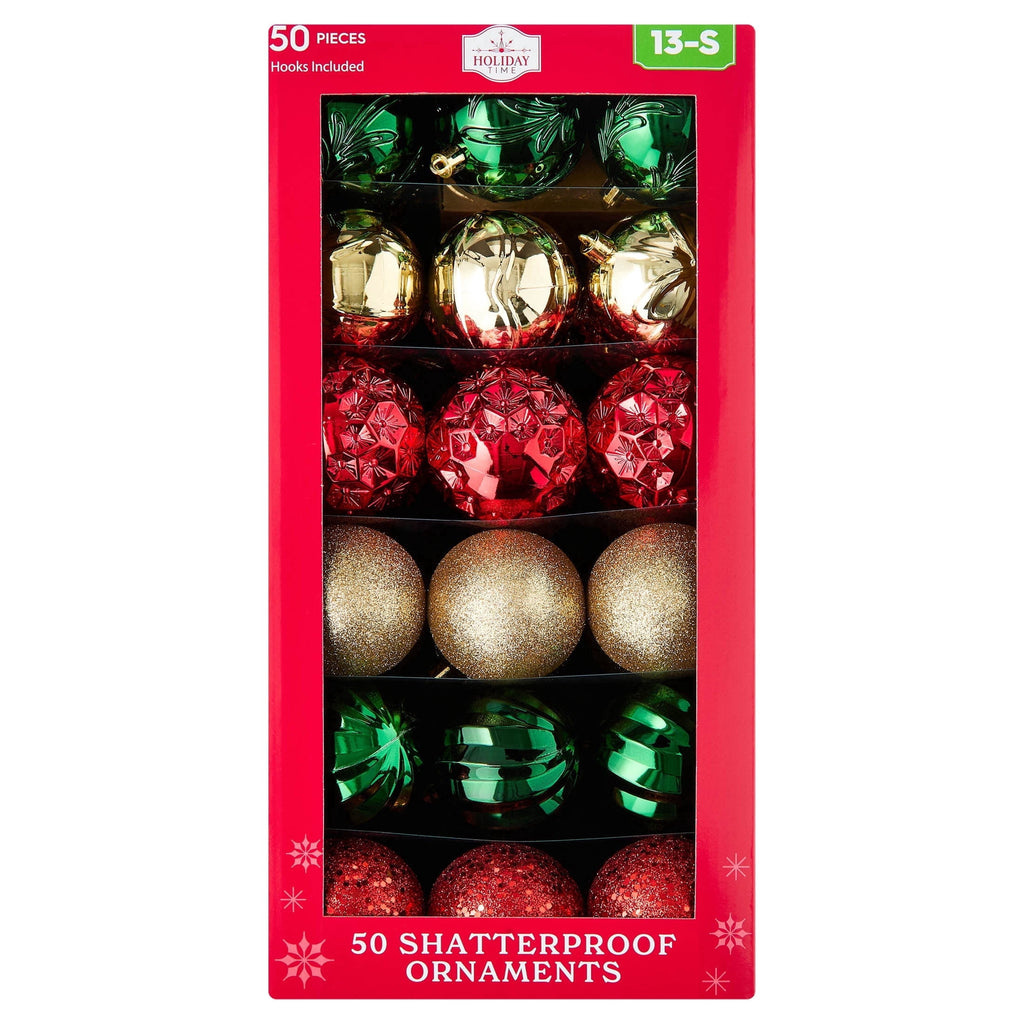 50-Count Red/Green/Gold Ball Shatterproof Christmas Ornaments, 3", by Holiday Time