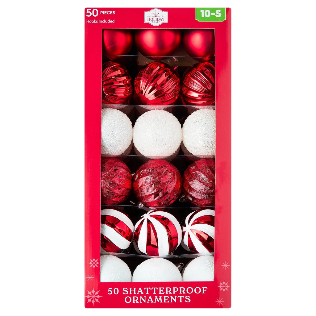 50-Count Red and White Ball Shatterproof Christmas Ornaments, 3", by Holiday Time