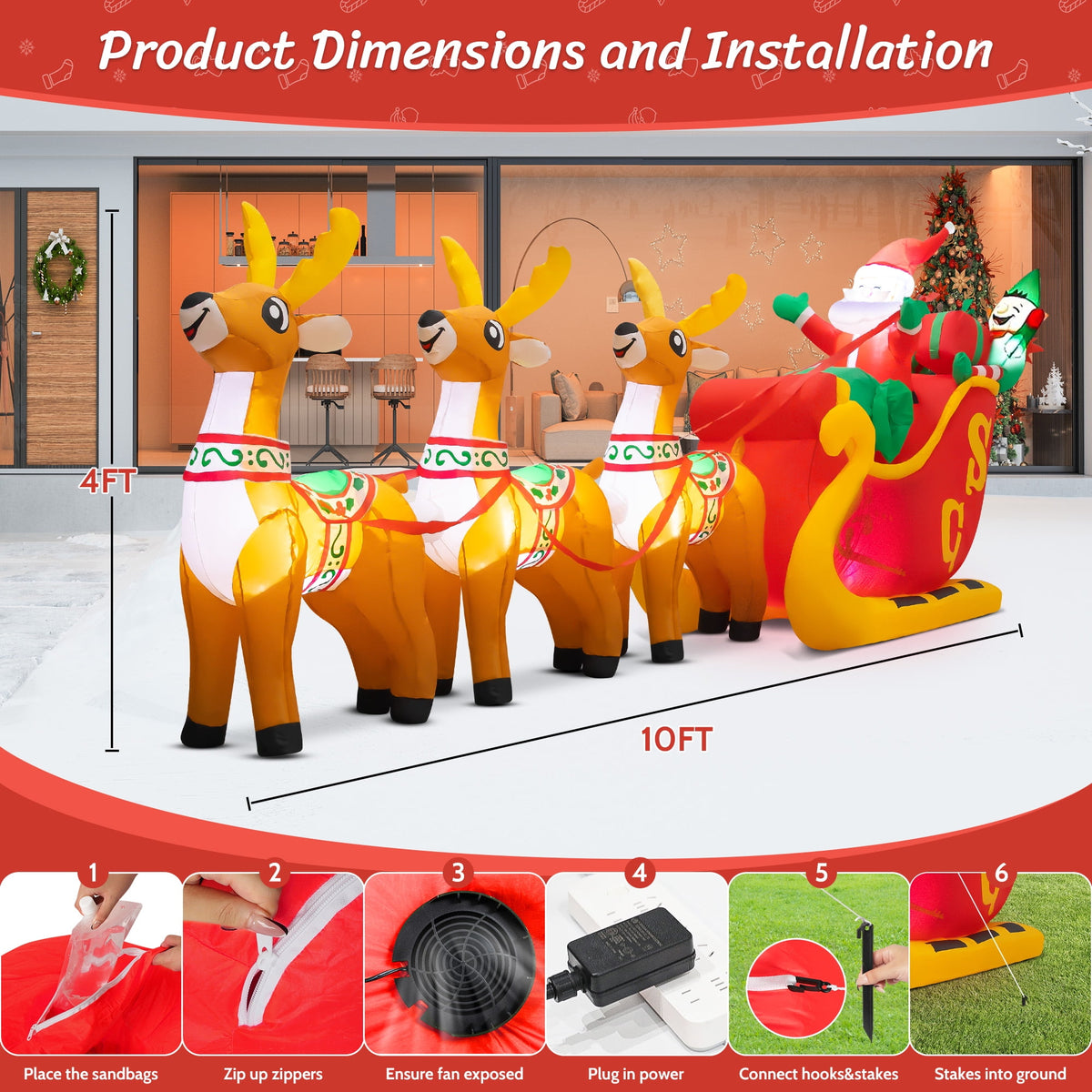 Yexmas 10ft Christmas Inflatable Santa Claus On Sleigh With 3 Reindeer Outdoor Lights Decor for Holiday Decor,Xmas Party,Yard,Garden and Lawn