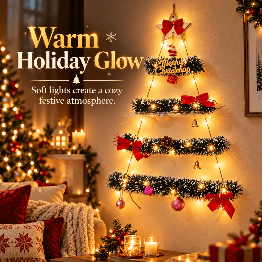 DIY Wall Mounted Christmas Trees with LED Light, Wall Hanging Christmas Tree, Space-Saving Christmas Decor Ideas for Small Space Home Holiday Decoration, 100x40cm