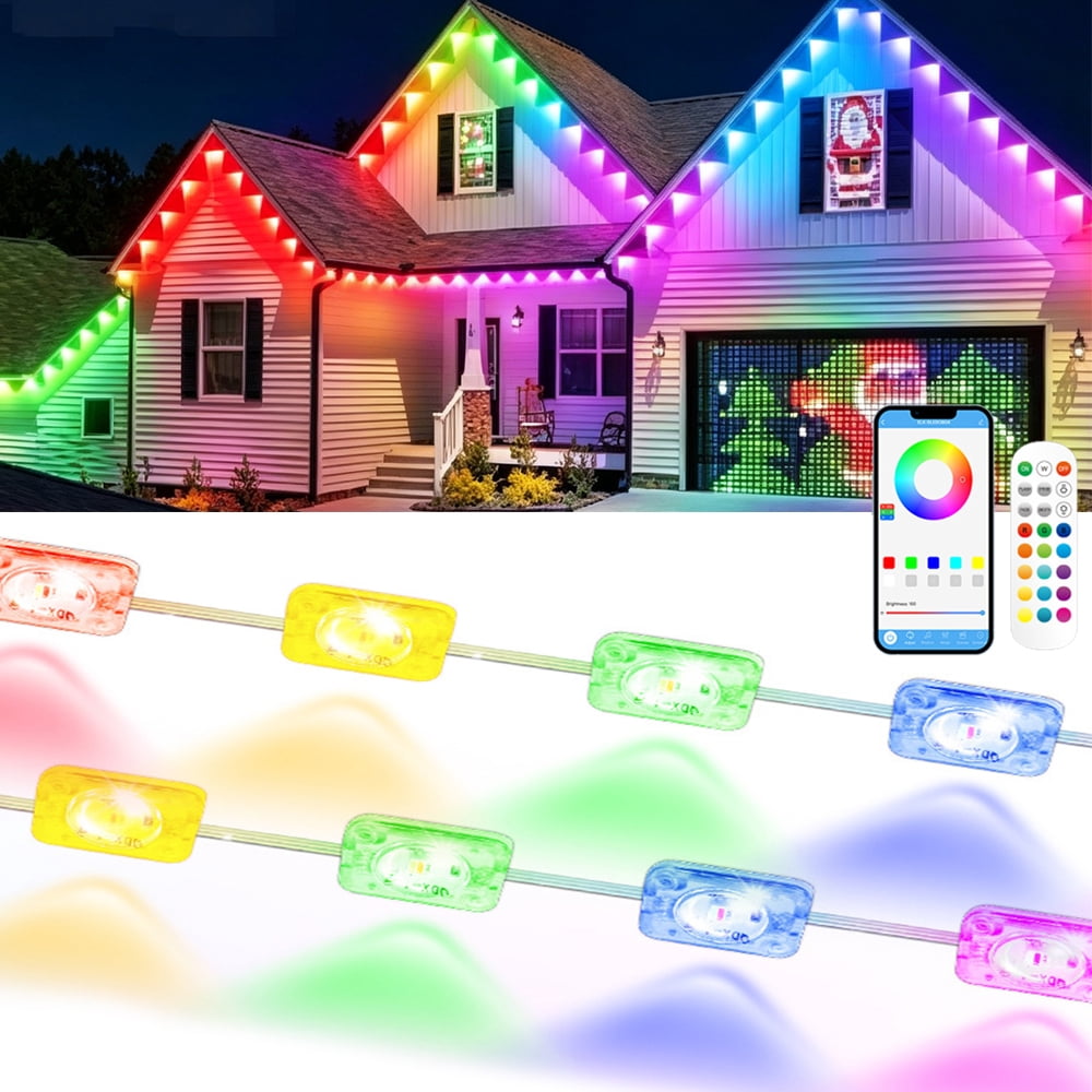 50ft RGB+IC Permanent Outdoor Eaves Lights With App & Remote Control, IP67 Waterproof LED Rain Gutter Lights for Year-Round Christmas Halloween, Valentine's Day, Holiday, Party Outdoor Decor