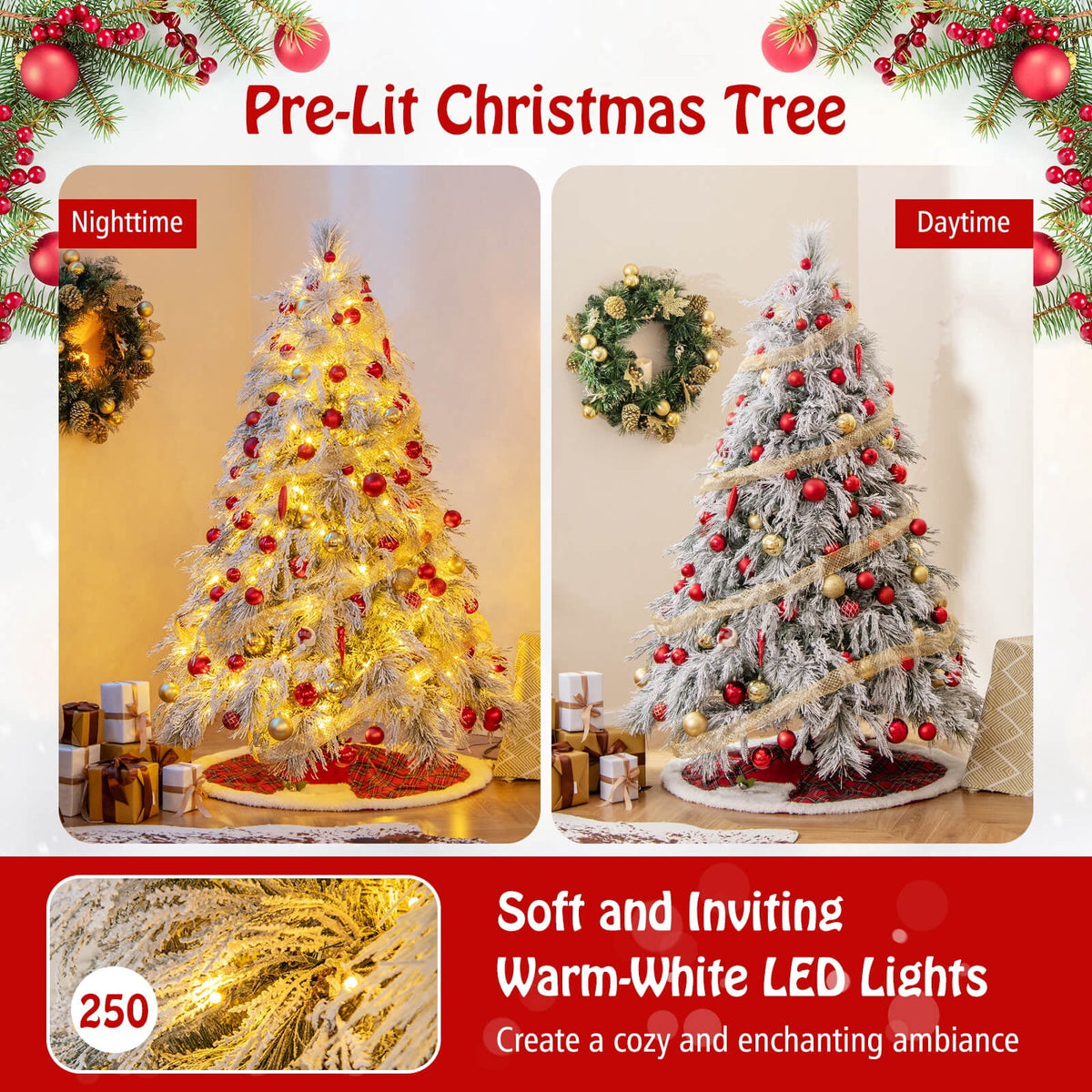 Costway 7 ft Flocked Cypress Christmas Tree with 710 Full PE Branch Tips, 350 LED Lights Sparse-Style White