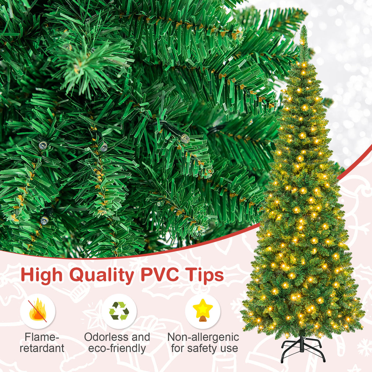 Topbuy 6.5ft Pencil Christmas Tree Pre-Lit Hinged Artificial Decoration w/ 250 Warm White Lights