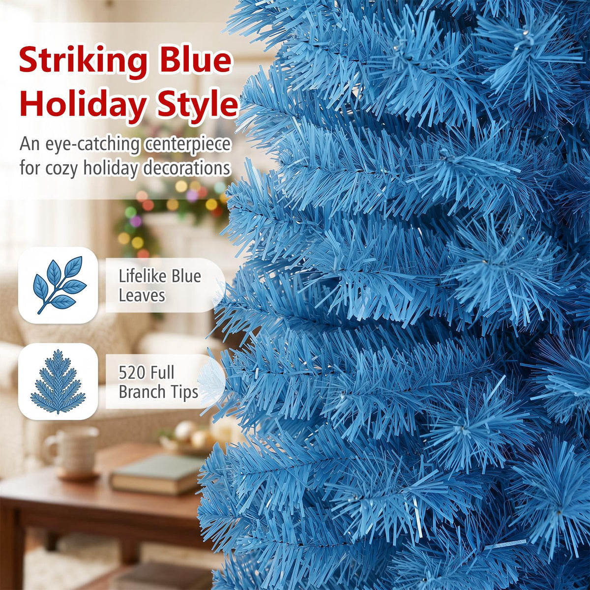 Costway 6FT Unlit Pencil Slim Tree Artificial Christmas Tree Metal Blue