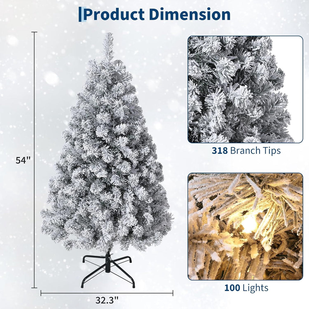 4.5Ft Artificial Christmas Tree, Snowy Flocked Green, 100 Warm White Lights, Quick Hinged Setup, Foldable Metal Base, Foot Pedal Control, Realistic Branch Tips, Indoor Seasonal Decor for Home, Office