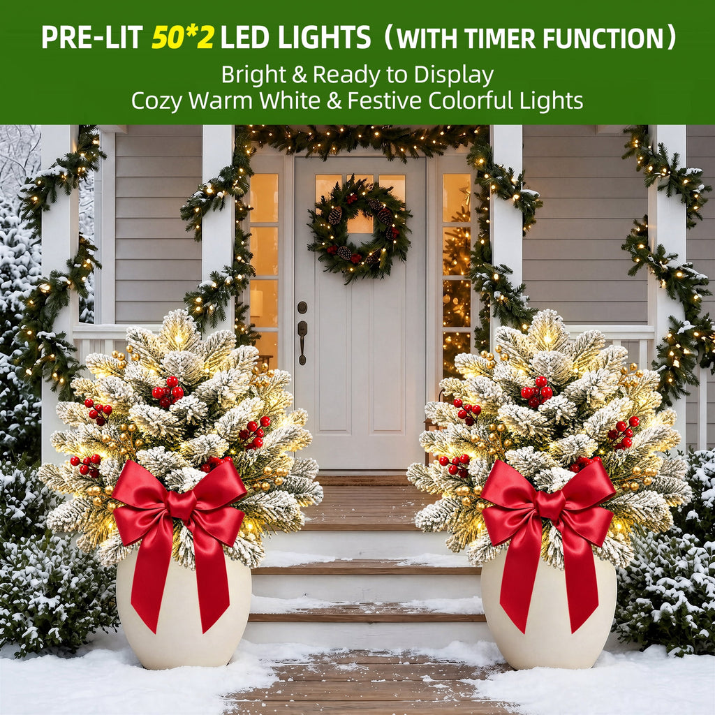 2PK Prelit Outdoor Christmas Trees Christmas Urn Pot Filler Snow Flocked Lighted Christmas Trees with 100 LED Warm White/Colorful Lights Timer 8 Modes for Front Door Porch Christmas Decoration