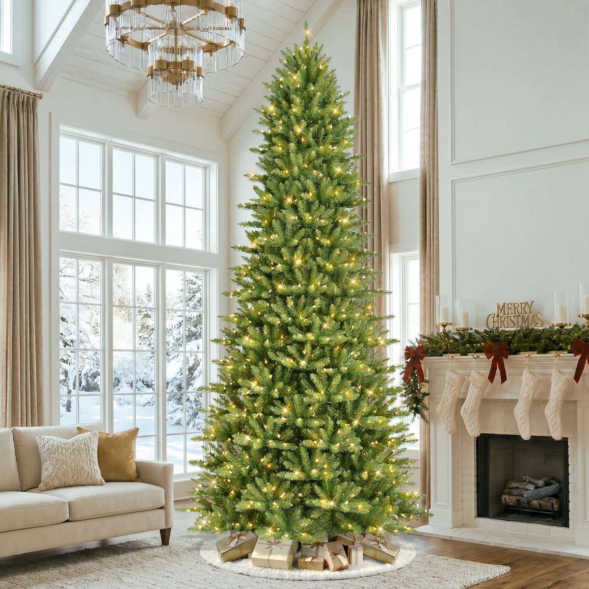 Puleo International Pre-Lit 12 ft Slim Fraser Fir Artificial Christmas Tree with 1,200 Clear Lights