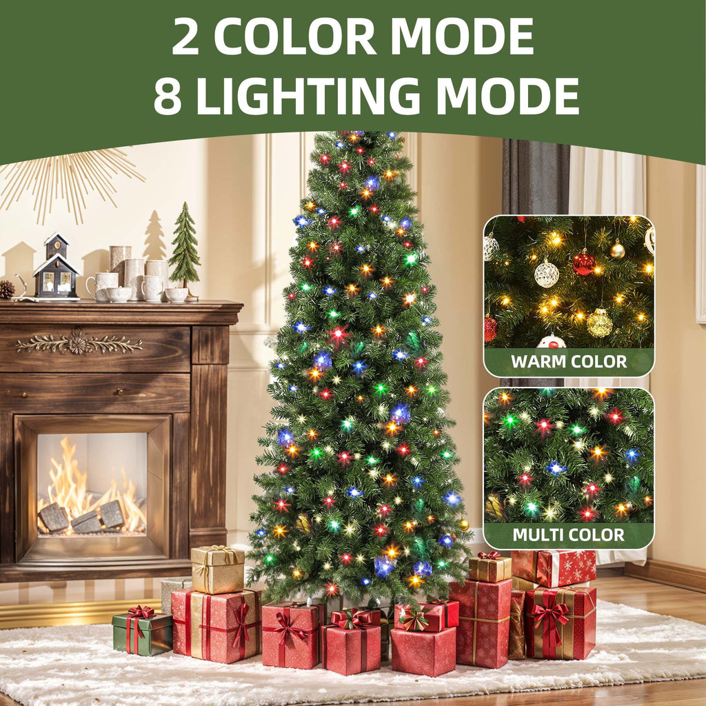 Uforic 7.5ft Pre-lit Artificial Pencil Christmas Tree with 1000 Branch Tips & 350 Lights, Remote Control, 11 Light Modes, Green