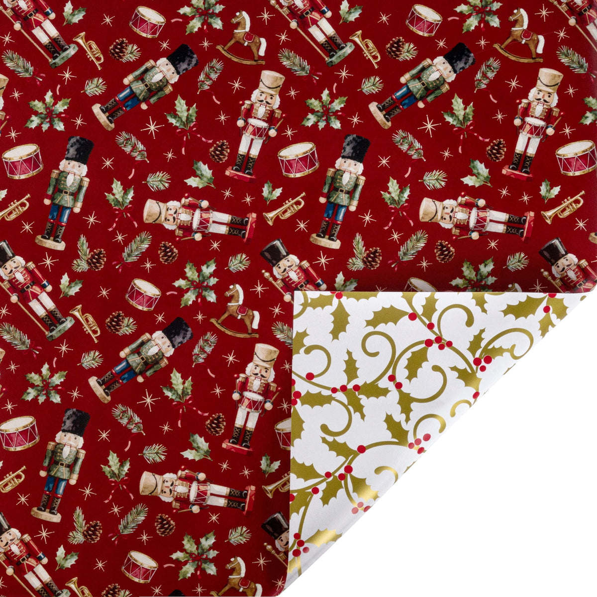 LaRibbons Nutcracker Wrapping Paper, 30" x 10' Holiday Reversible Metallic Gift Wrap Kit, Holly Nutcracker Plaids and Checks